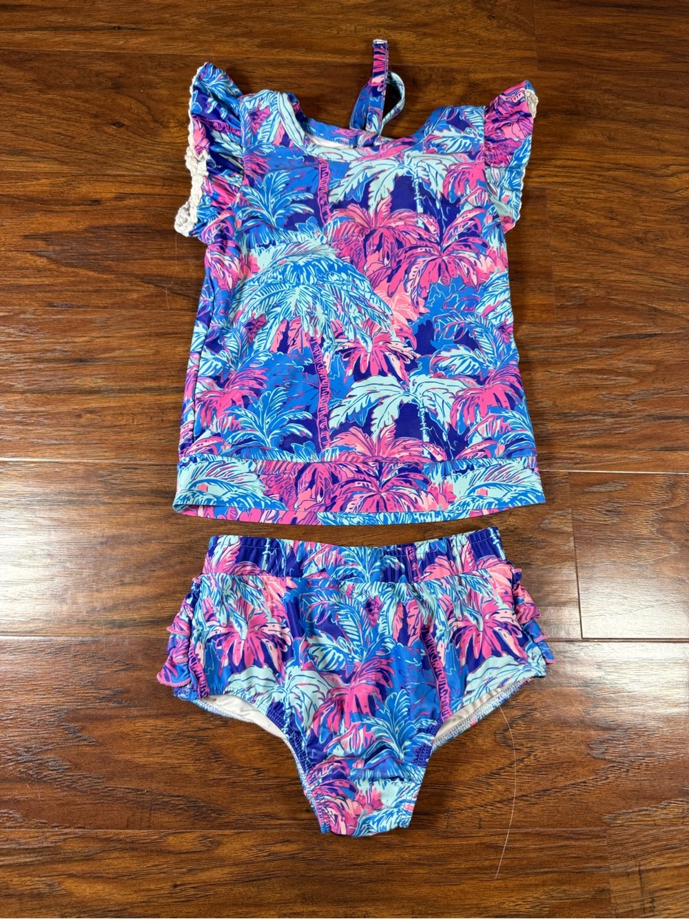 SweetHoney Girls Blue, Pink & Aqua Palm Print Tankini Set